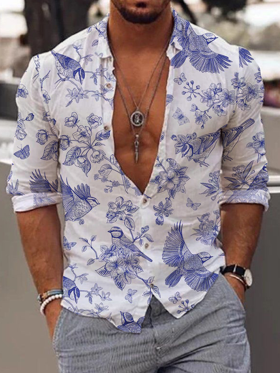 Men's Stylish Animal Flowers Print Long Sleeve Hawaiian Shirt