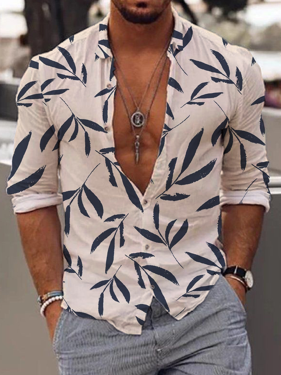 Men's Stylish Leaves Print Long Sleeve Hawaiian Shirt