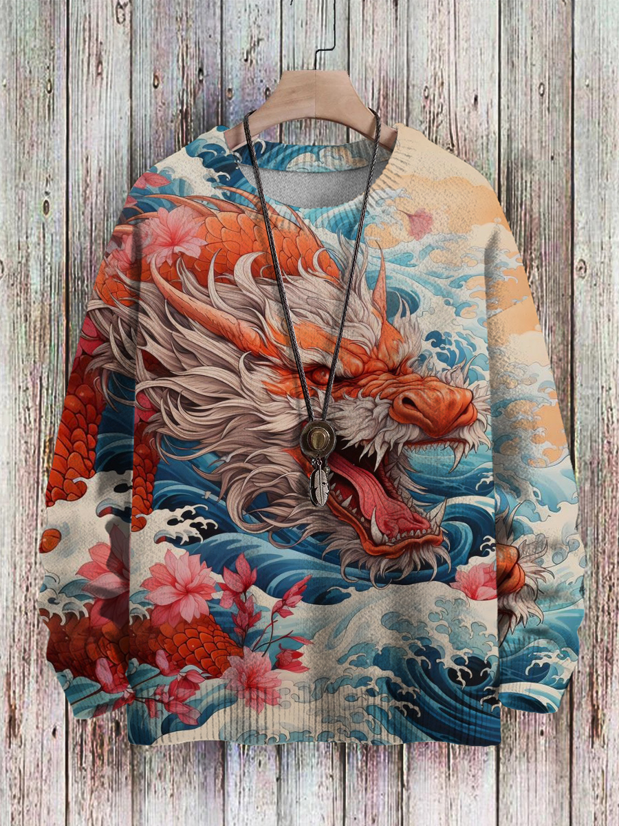 Men's Sweater Dragon Pattern Pullover Print Casual Sweater