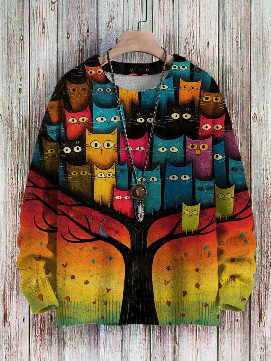 Men's Sweater Fun Cat Tree Pattern Pullover Print Casual Sweater