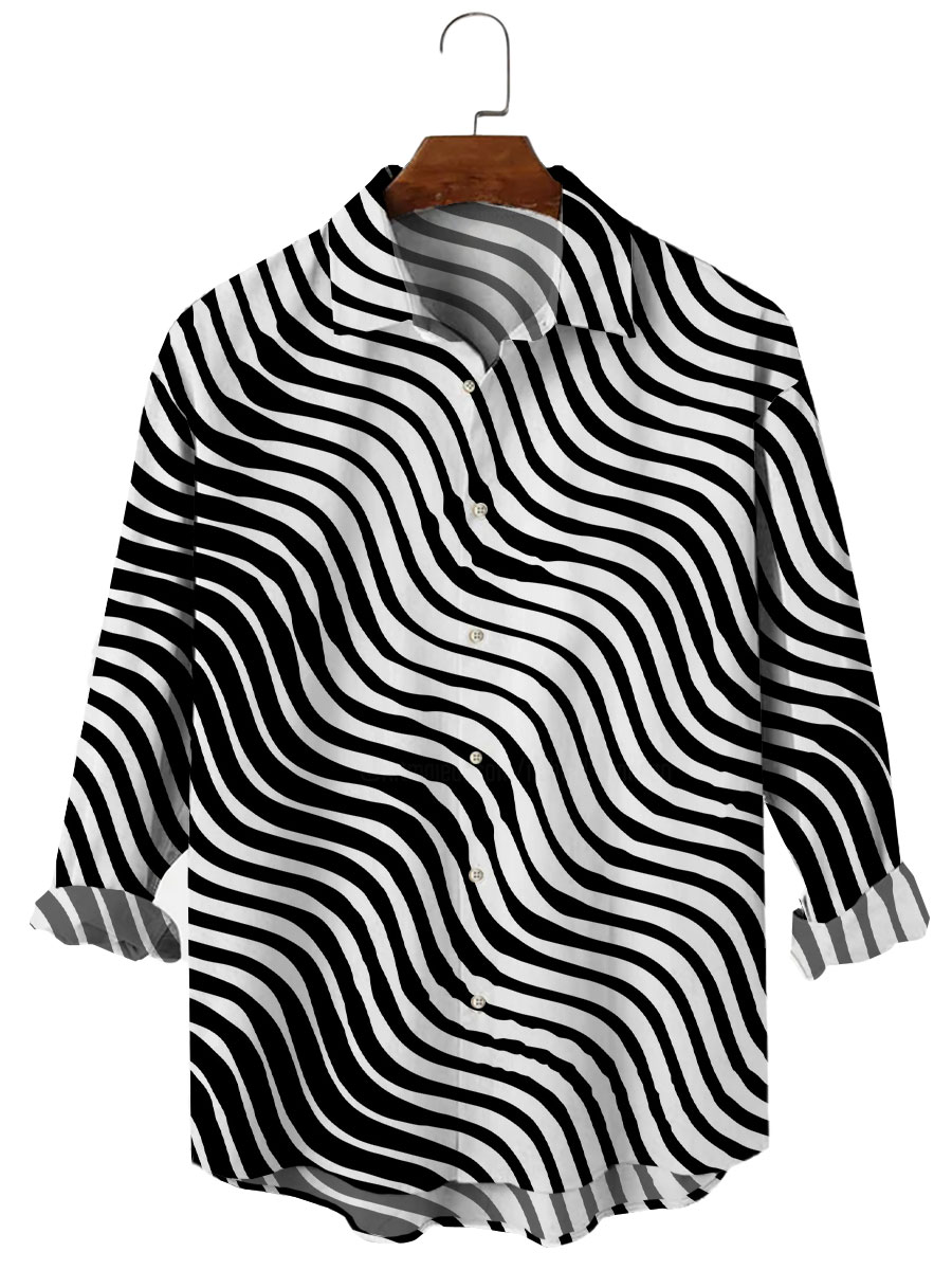 Men's Stylish Vintage Nostalgic Art Design Print Long Sleeve Hawaiian Shirt