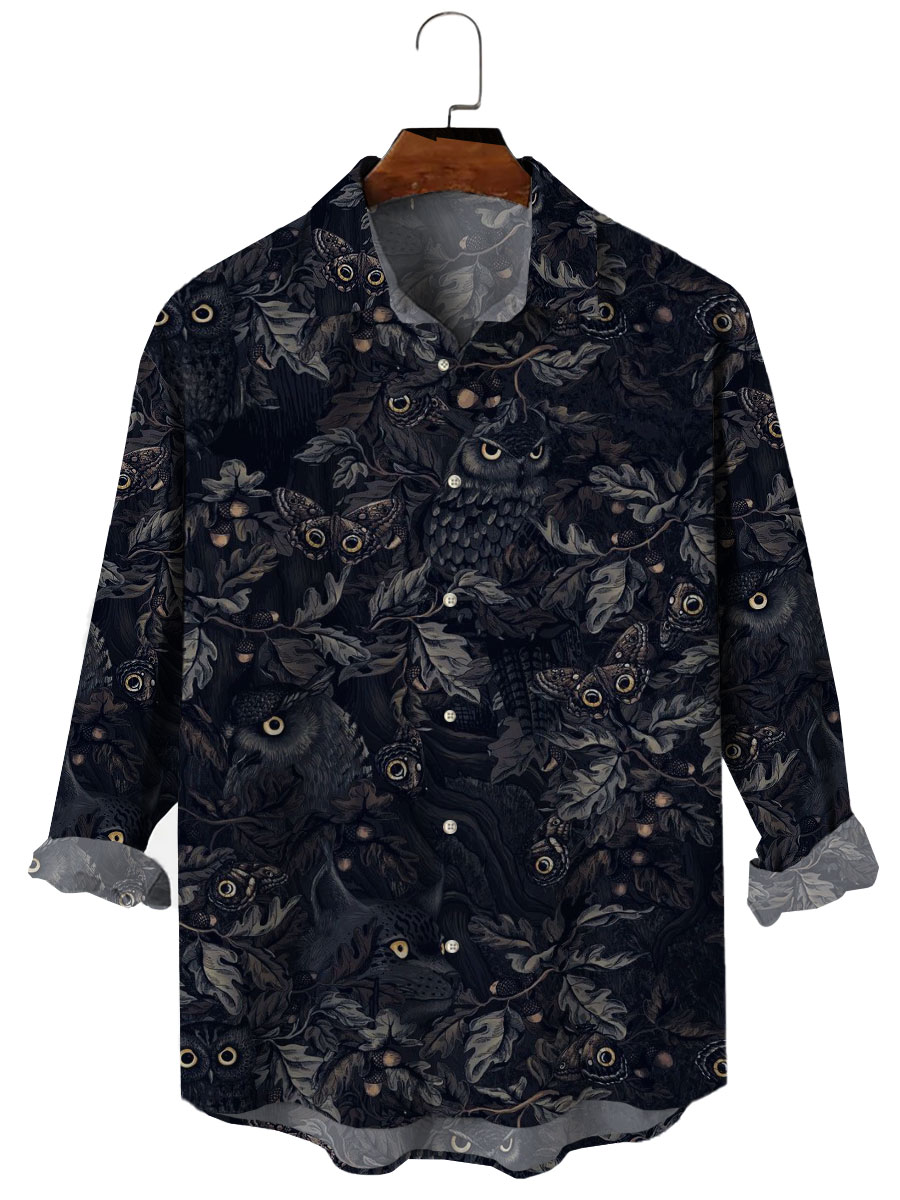 Men's Vintage Darkness Owl Butterfly Print Long Sleeve Hawaiian Shirt
