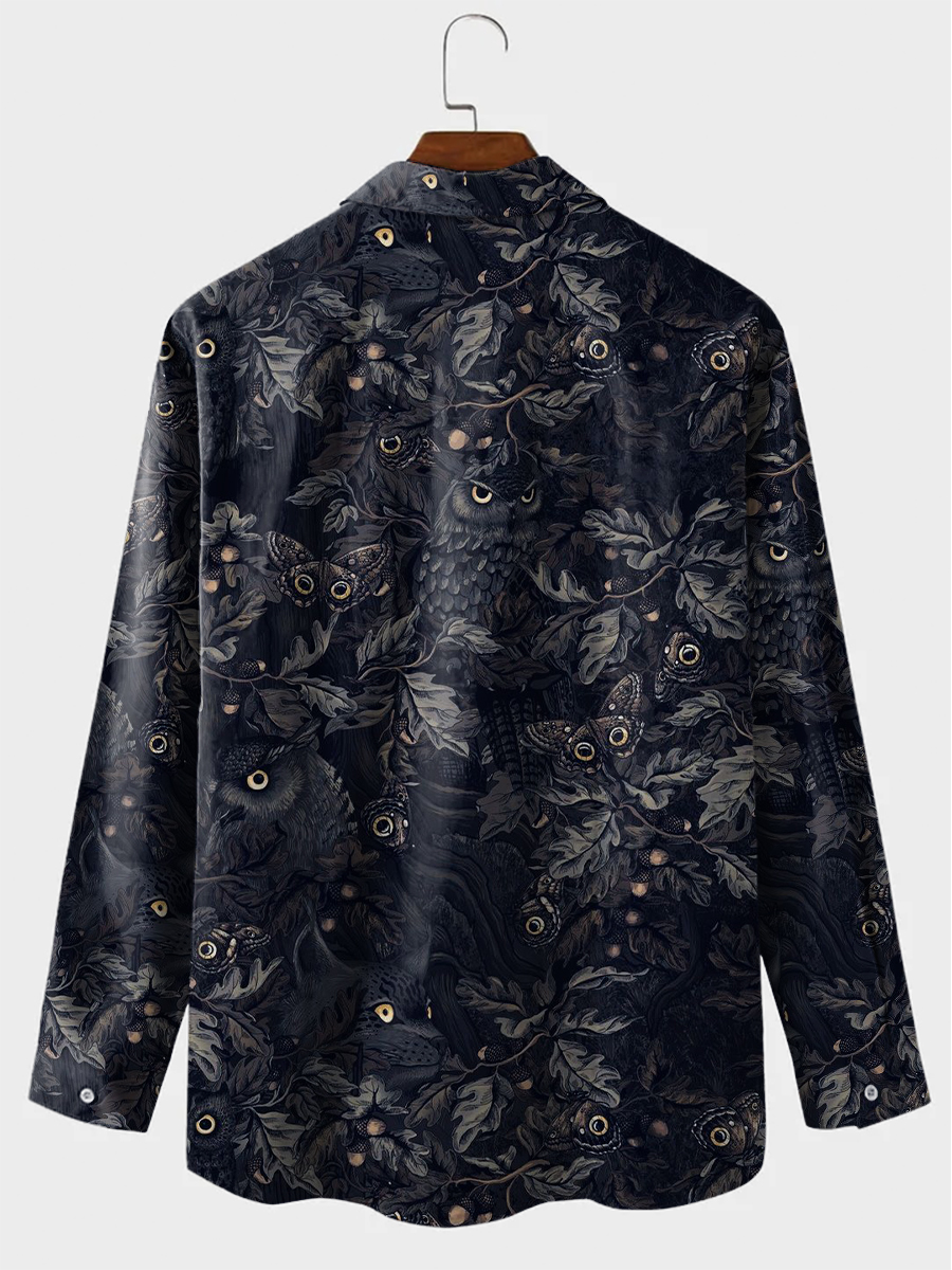 Men's Vintage Darkness Owl Butterfly Print Long Sleeve Hawaiian Shirt