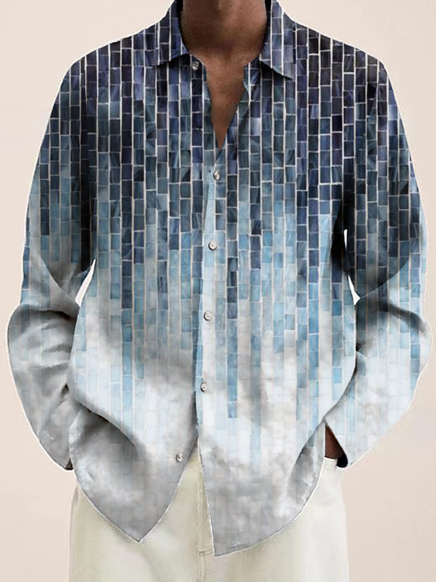 Men's Vintage Geometric Print Long Sleeve Hawaiian Shirt