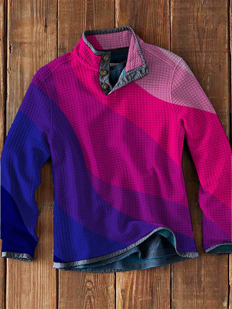 Men's Waffle Polo Art Bisexual Gradient Print Waffle Long Sleeve Button Polo