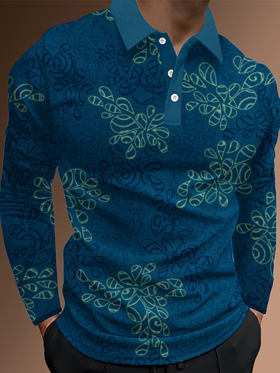 Men's Polo Shirt Casual Floral Print Casual Long-Sleeved Polo Shirt