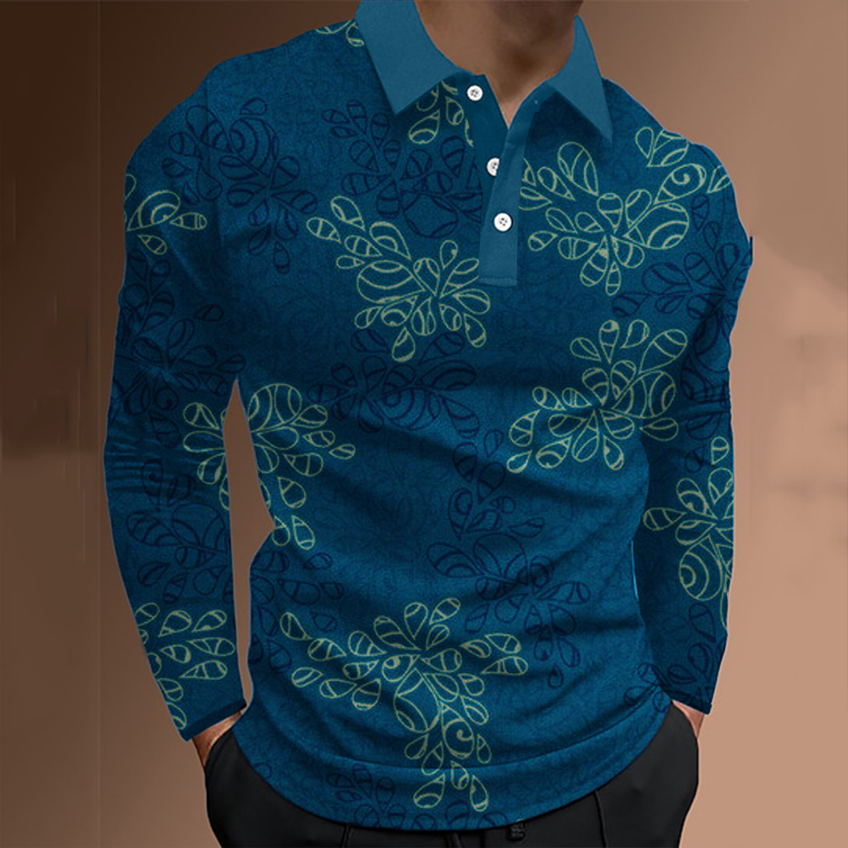 Men's Polo Shirt Casual Floral Print Casual Long-Sleeved Polo Shirt