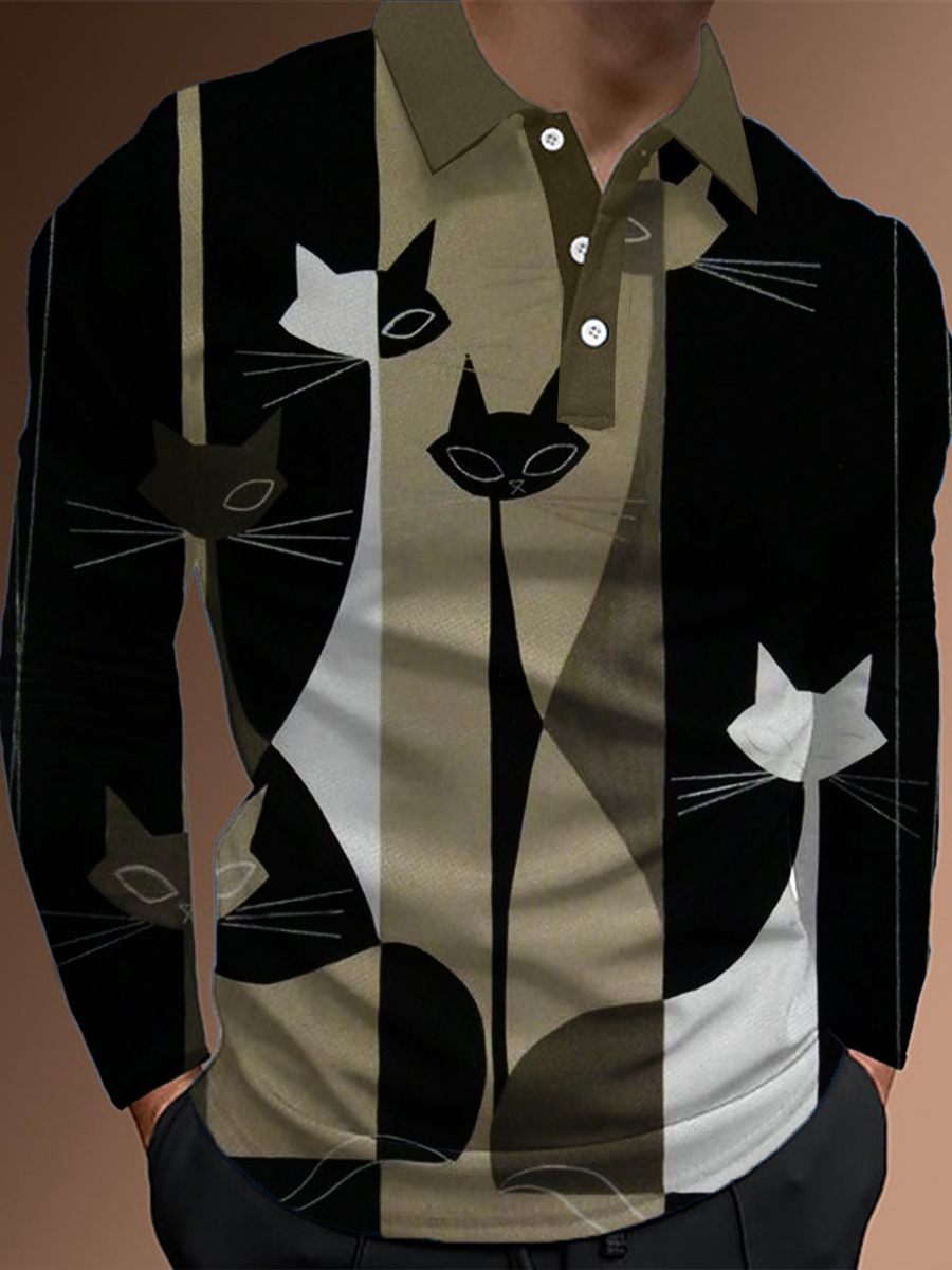 Men's Polo Shirt Art Cat Print Casual Long-Sleeved Polo Shirt