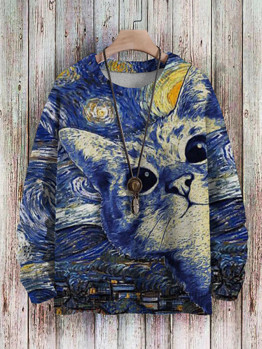 Men's Sweater Van Gogh Art Cat Pattern Pullover Print Casual Sweater