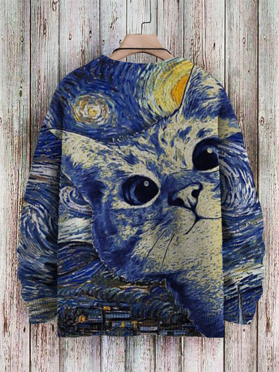 Men's Sweater Van Gogh Art Cat Pattern Pullover Print Casual Sweater