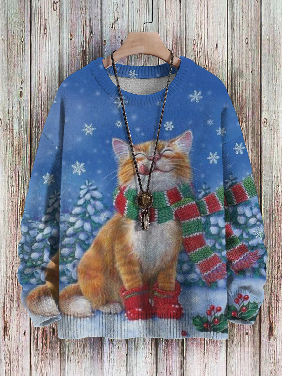 Men's Sweater Cute Cat Snowflakes Pattern Pullover Print Casual Christmas Sweater