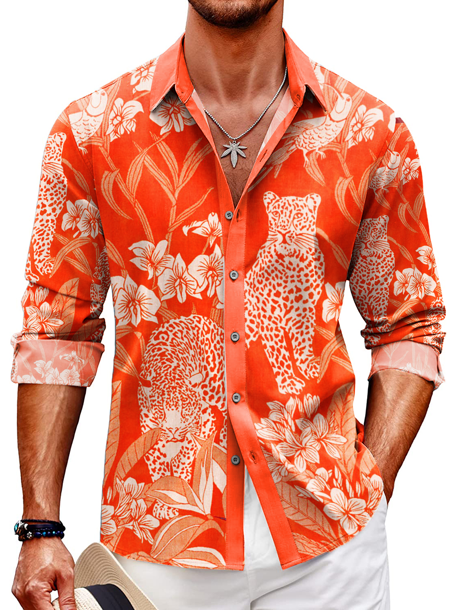 Men's Hawaiian Shirt Tropical Tiger Print Casual Vacation Oversized Long Sleeve Shirt
