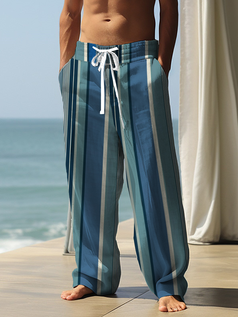 Men's Casual Pants Blue Stripe Print Pants