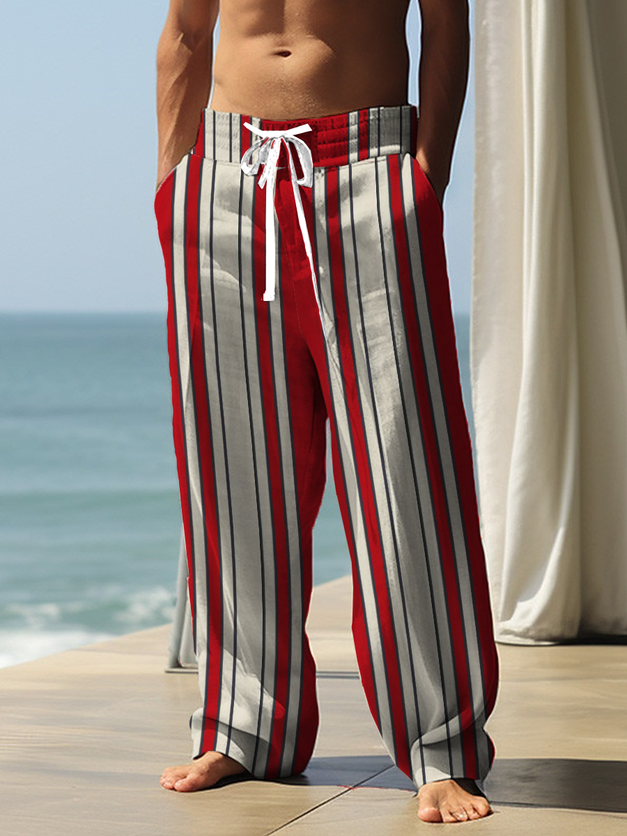 Men's Casual Pants Red White Stripe Print Pants
