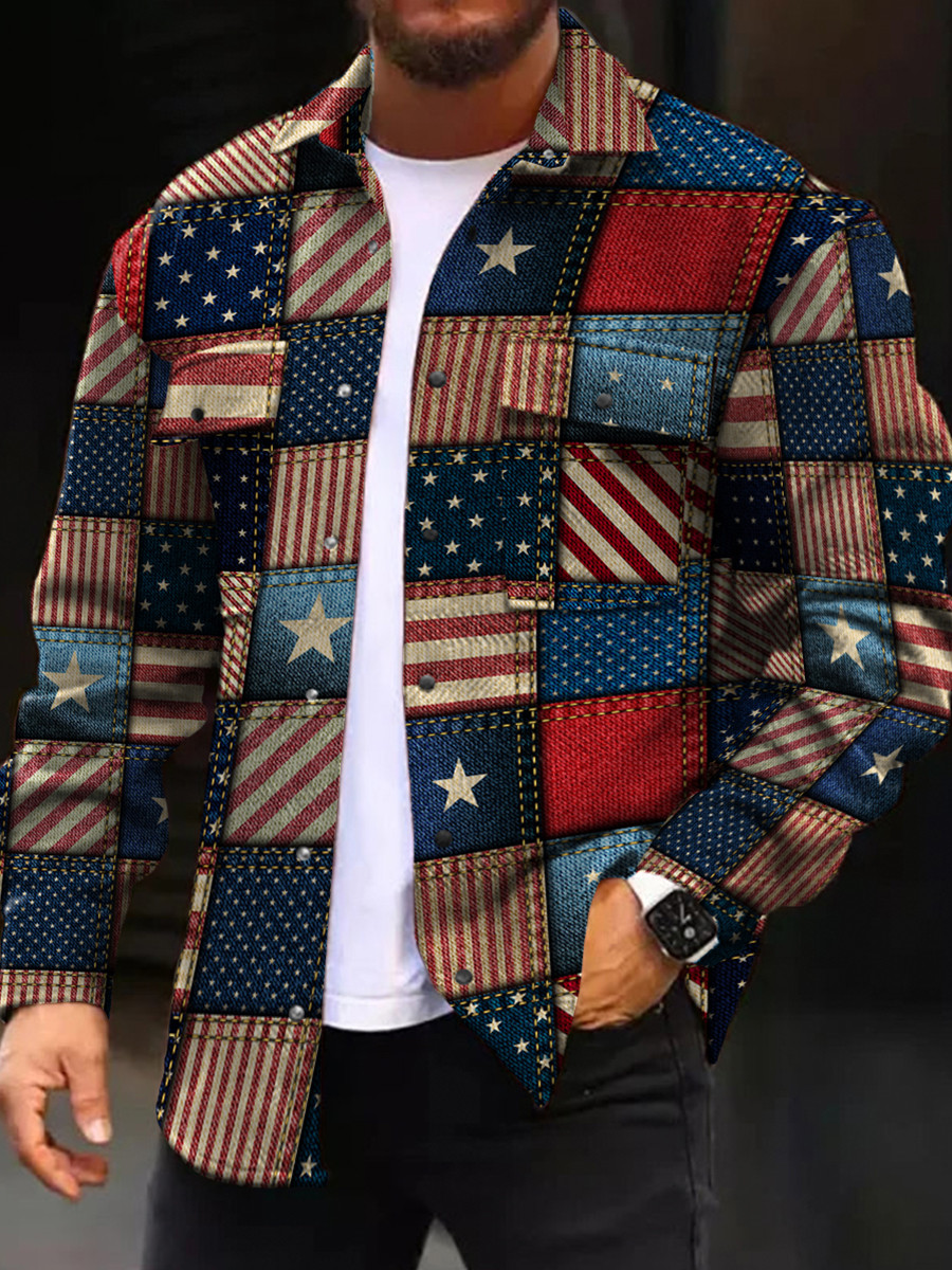 Men's Casual Jacket Flag Patchwork Pattern Long Sleeve Pockets Shirt Jacket