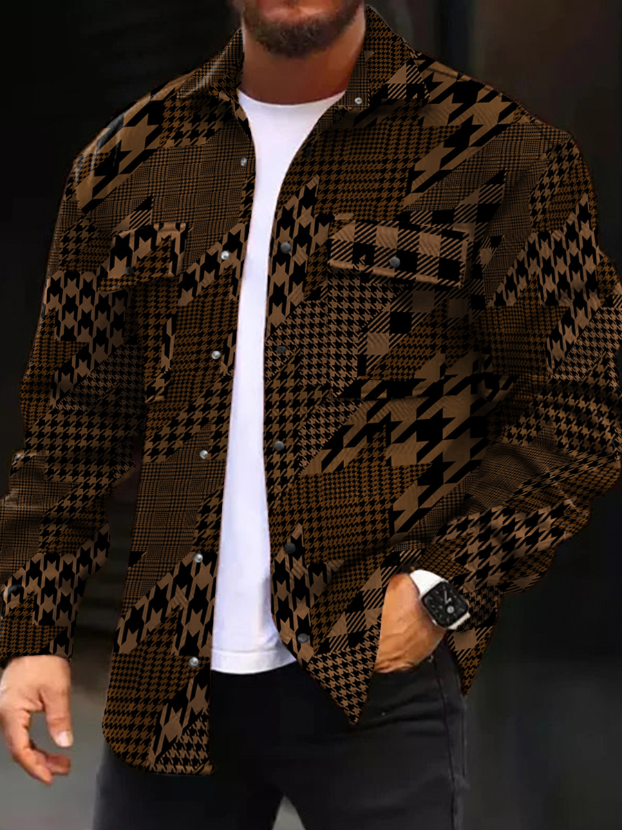Men's Casual Jacket Houndstooth Patchwork Pattern Long Sleeve Pockets Shirt Jacket