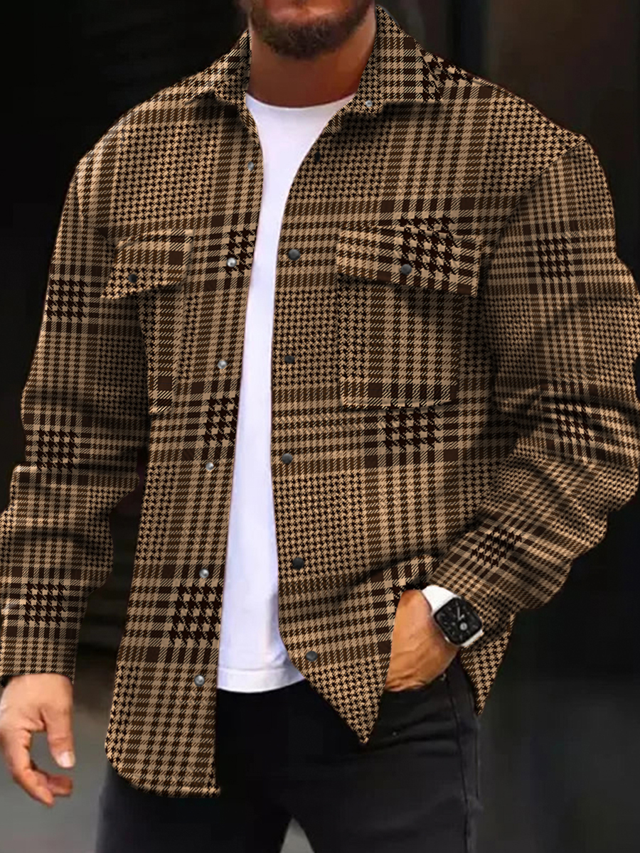 Men's Casual Jacket Houndstooth Check Plaid Pattern Long Sleeve Pockets Shirt Jacket