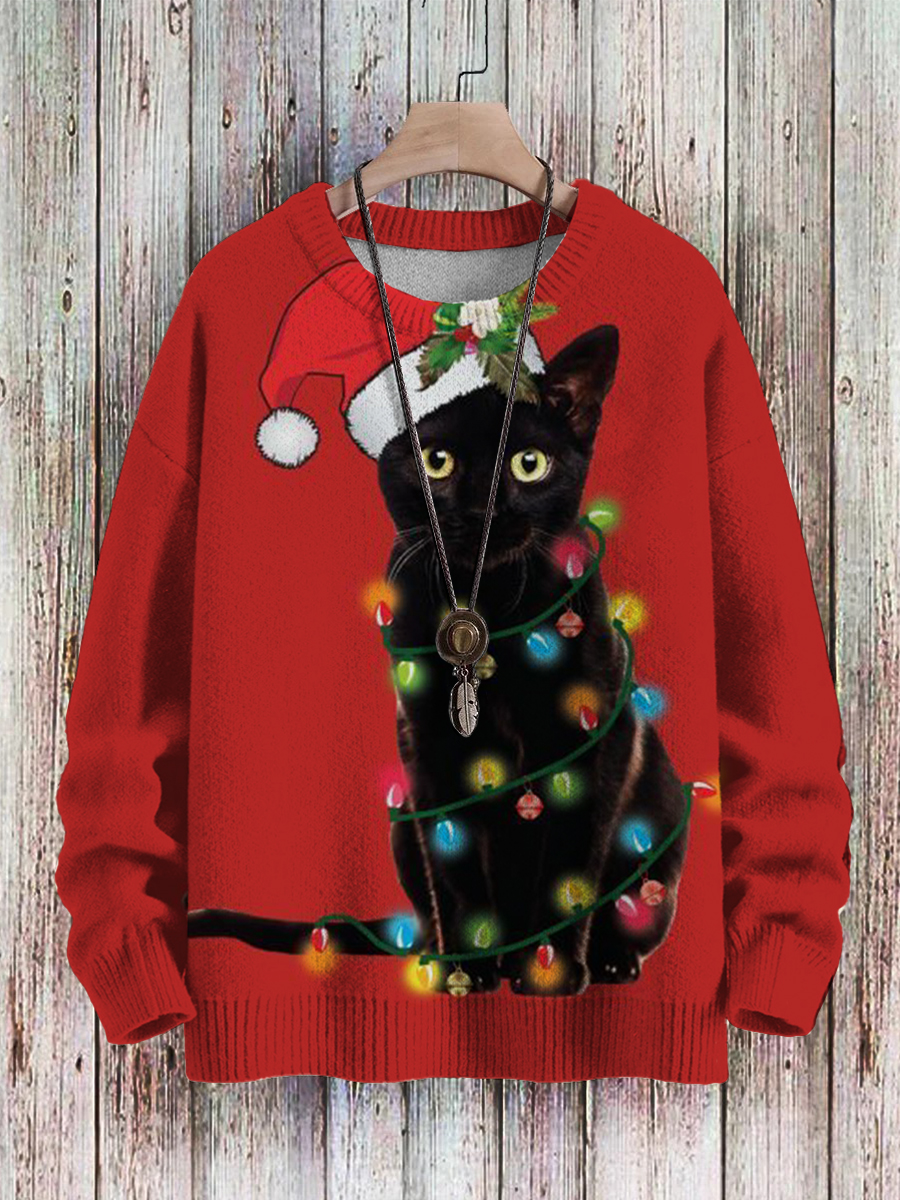 Men's Sweater Art Christmas Light Cat Print Casual Knit Sweatshirt Sweater