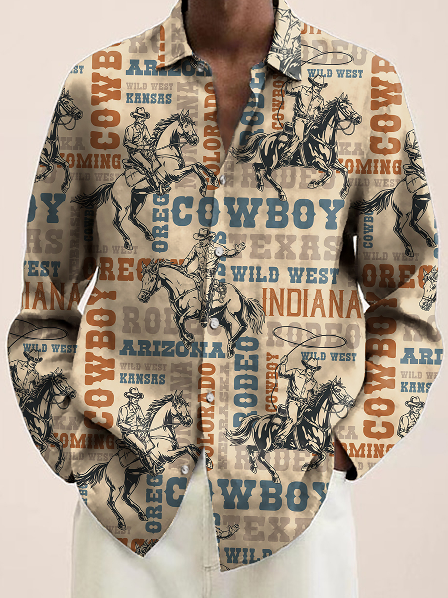 Men's Colorful Cowboy Rider Print Long Sleeve Hawaiian Shirt