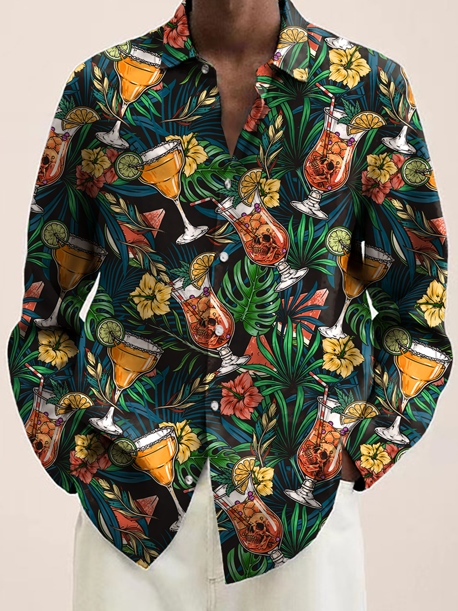 Men's Colorful Alcoholic Cocktails Print Long Sleeve Hawaiian Shirt