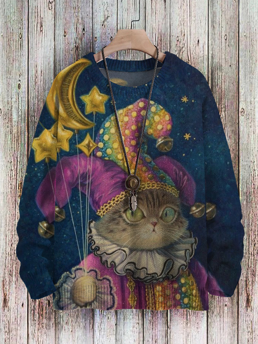 Men's Sweater Fun Cat Clown Print Casual Knit Pullover Sweater