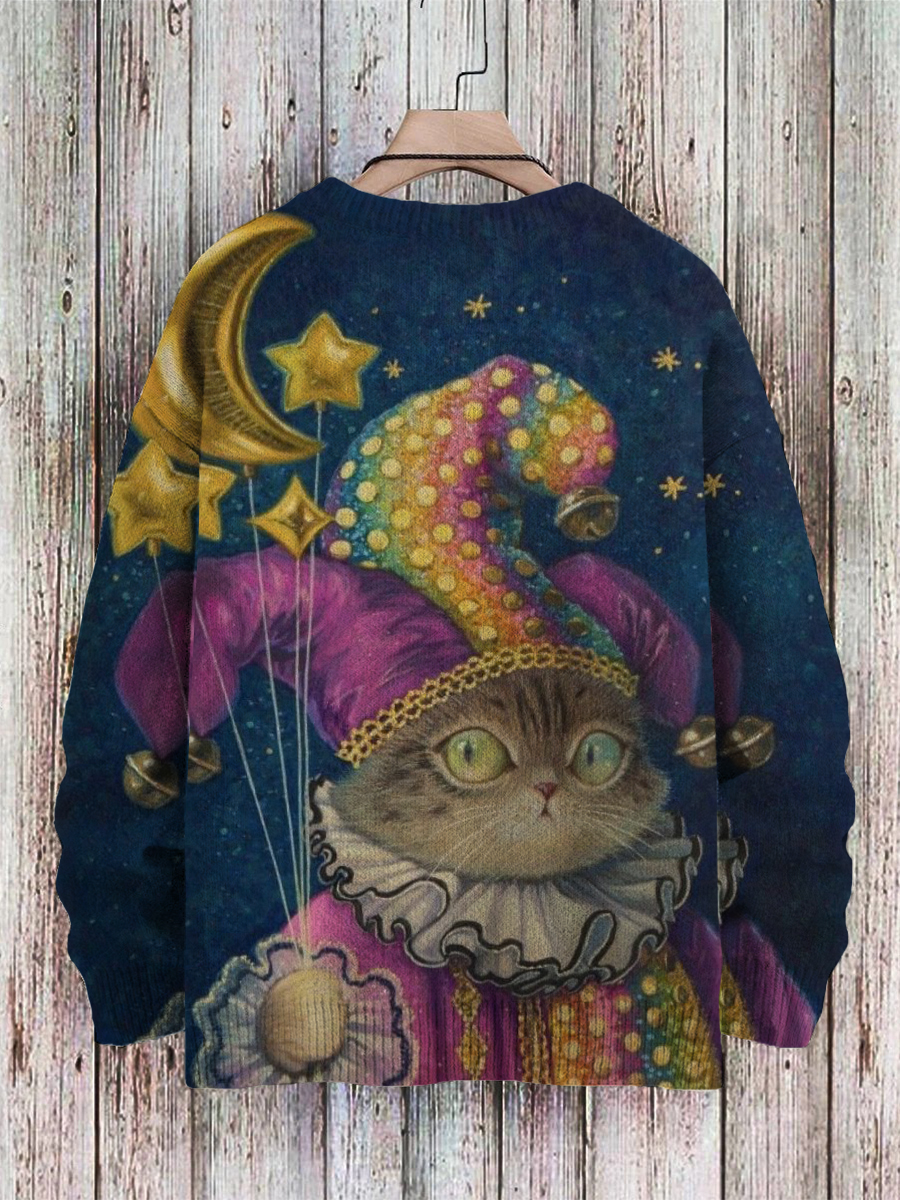 Men's Sweater Fun Cat Clown Print Casual Knit Pullover Sweater
