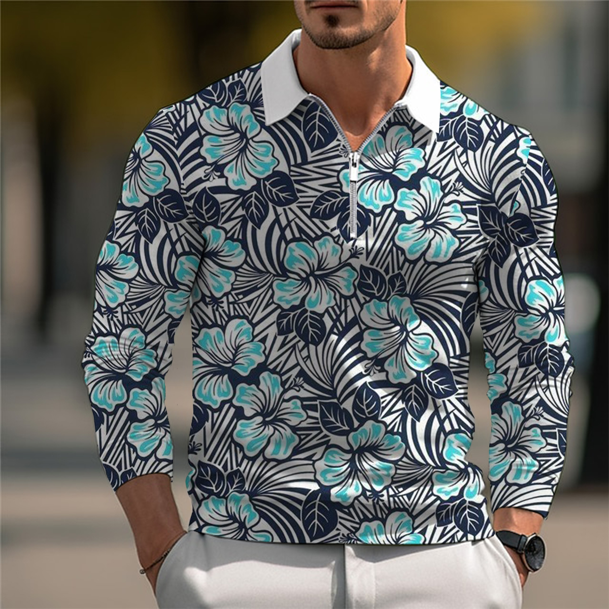 Men's Polo Shirt Tropical Hibiscus Print Casual Long-Sleeved Golf Waffle Shirt