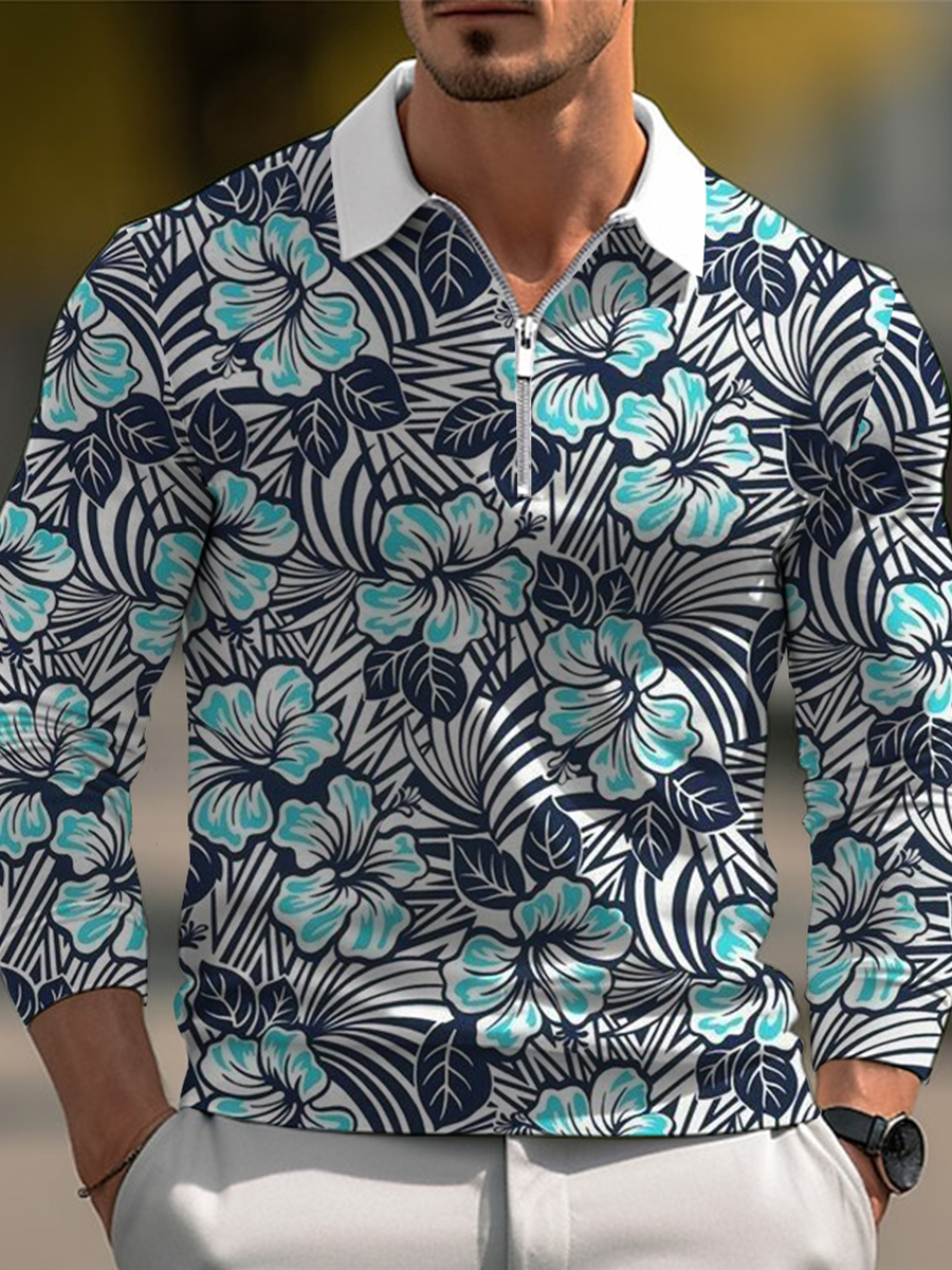 Men's Polo Shirt Tropical Hibiscus Print Casual Long-Sleeved Golf Waffle Shirt