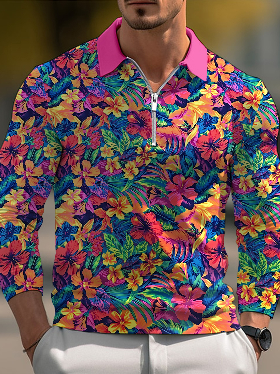 Men's Polo Shirt Tropical Hibiscus Print Casual Long-Sleeved Golf Waffle Shirt