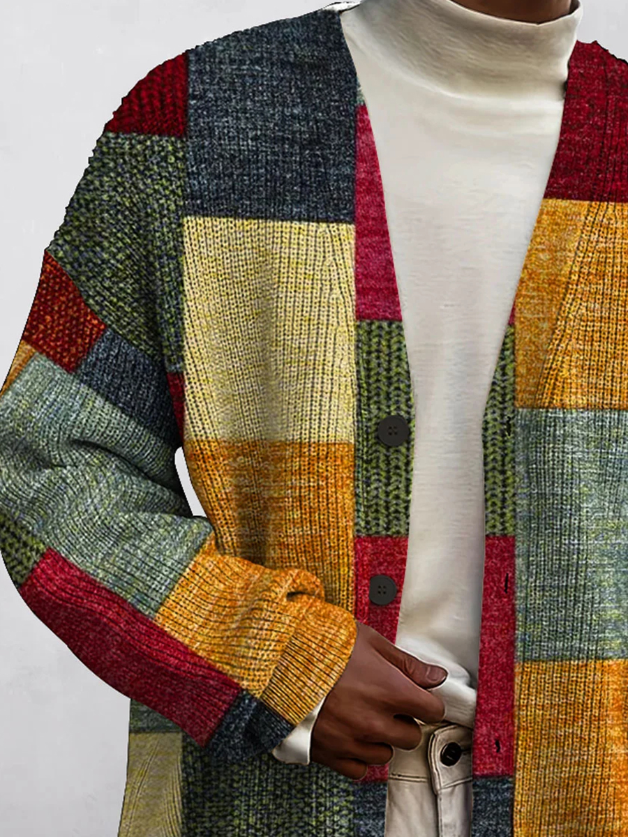 Men's Art Geometry Print Buttoned Cardigan Sweater