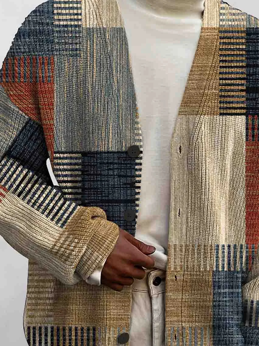 Men's Art Geometry Print Buttoned Cardigan Sweater