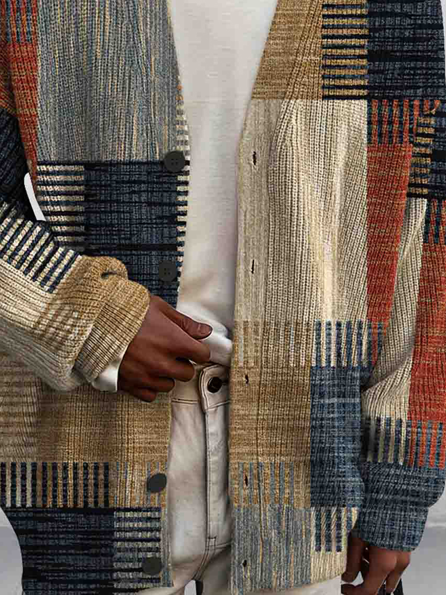 Men's Art Geometry Print Buttoned Cardigan Sweater