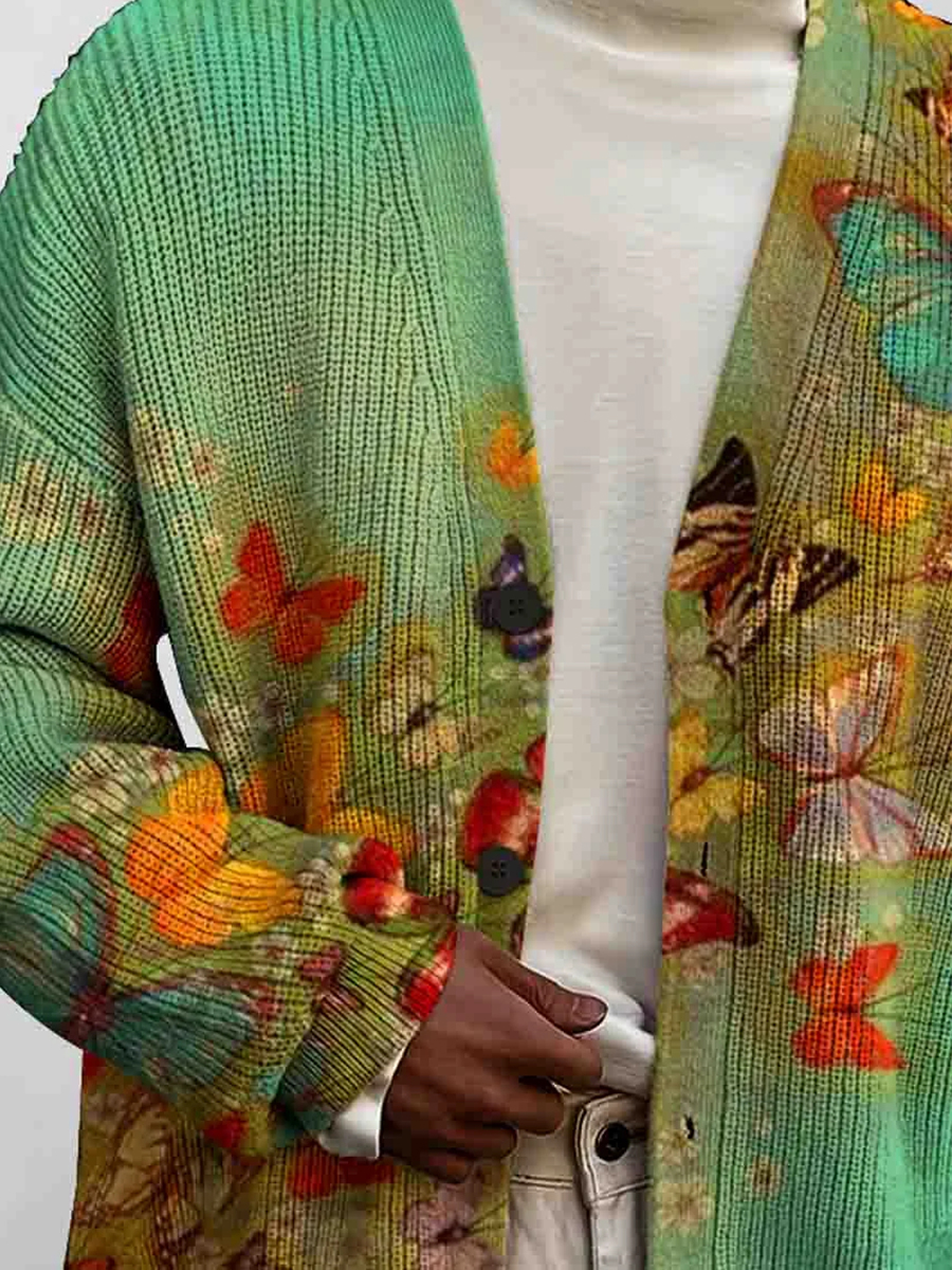 Men's Art Butterfly Print Buttoned Cardigan Sweater