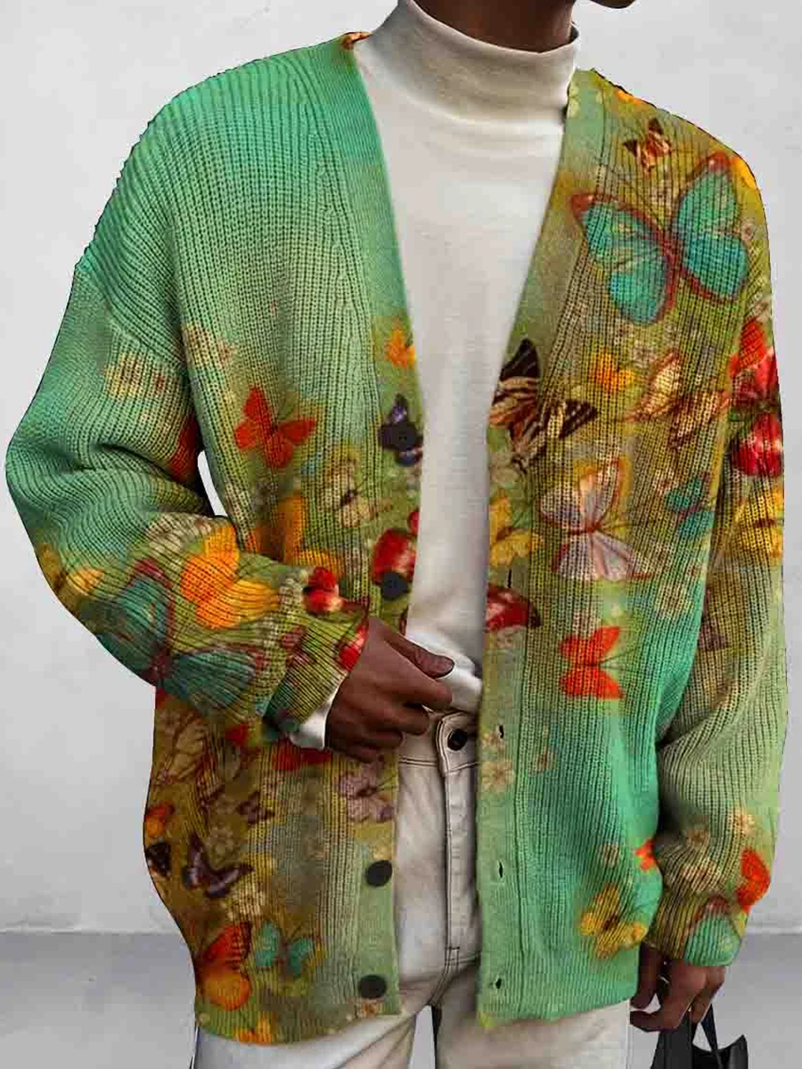 Men's Art Butterfly Print Buttoned Cardigan Sweater
