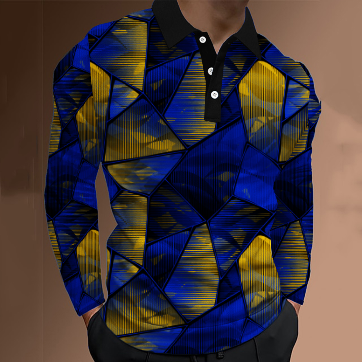 Men's Polo Shirt Irregular Geometry Print Casual Long-Sleeved Polo Shirt