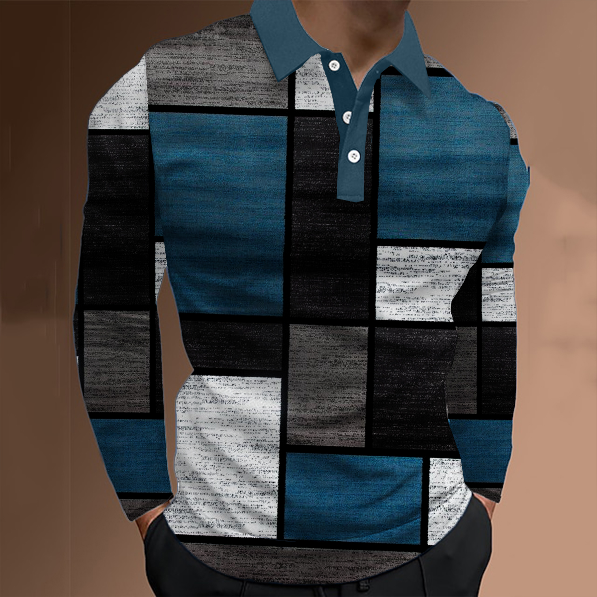Men's Polo Shirt Irregular Square Print Casual Long-Sleeved Polo Shirt