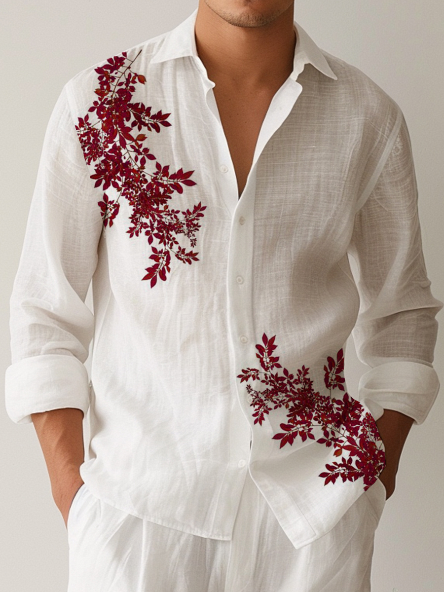 Men's Cotton-Linen Shirt Basics Red Flower Breathable Plus Size Shirts