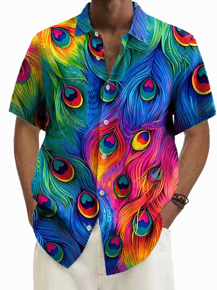 Hawaiian Peacock Feather Print Men's Button Pocket Short Sleeve Shirt
