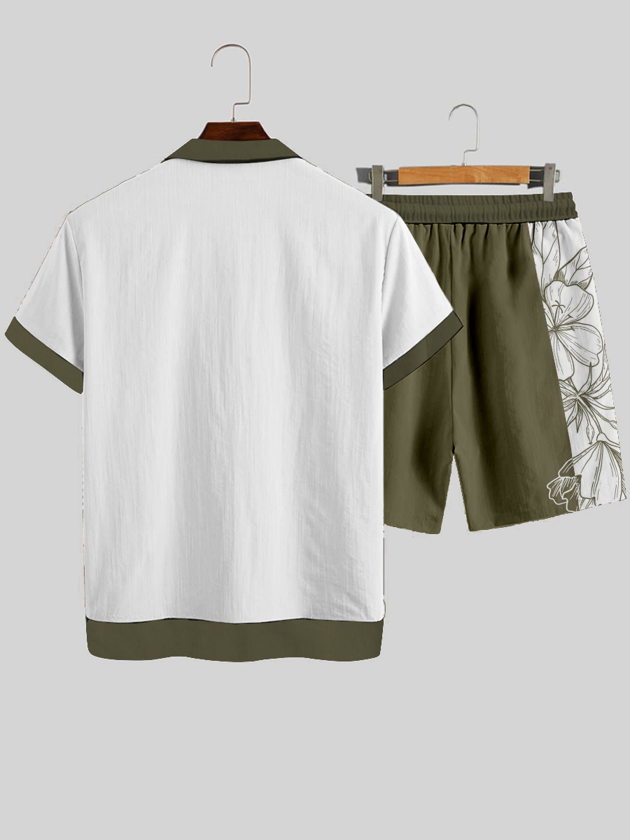 Men's Sets Fashion Floral Art Button Down Two-Piece Shirt Shorts Set