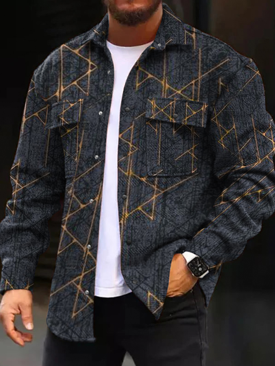 Men's Casual Jacket Abstract Geometric Long Sleeve Pockets Shirt Jacket