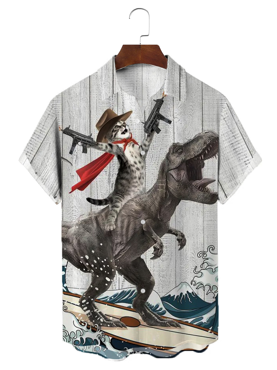Men's Hawaiian Shirts Fun Cat Dinosaur Print Stretch Aloha Camp Pocket Shirts