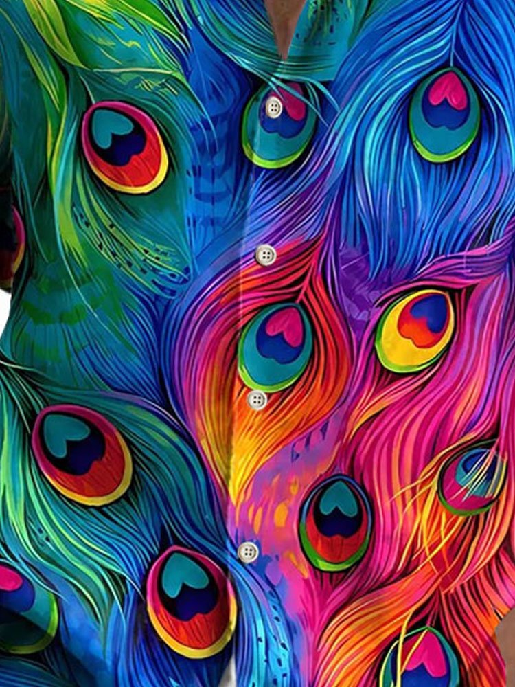 Hawaiian Peacock Feather Print Men's Button Pocket Short Sleeve Shirt