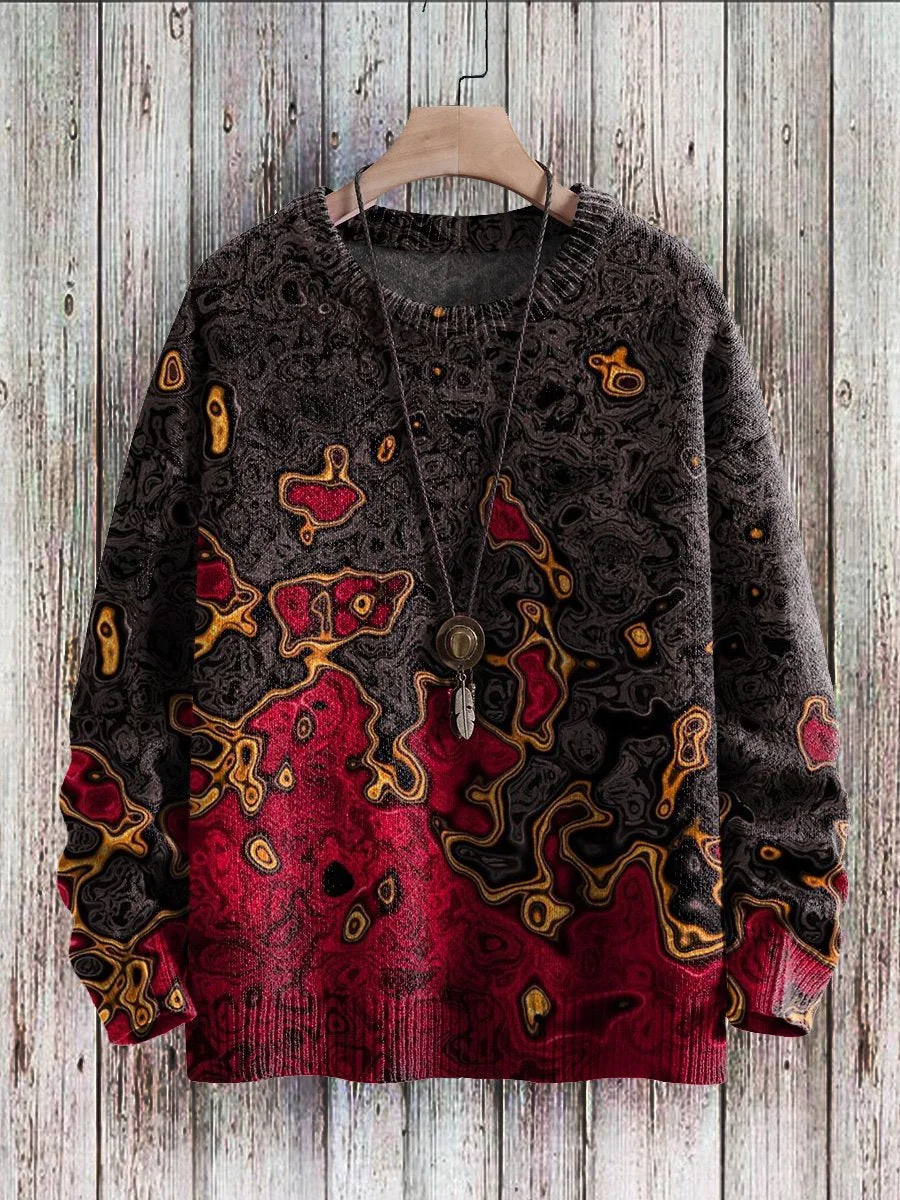 Unisex Vintage Fire Pattern Art Print Casual Knit Pullover Sweater