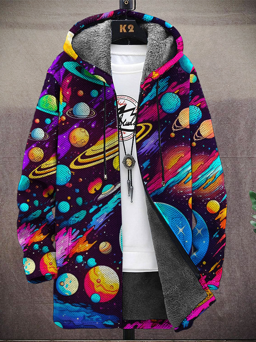Men's Galaxy Planet Print Hooded Two-Pocket Fleece Jacket
