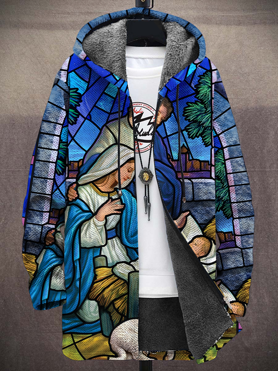 Men's Christmas Jesus Nativity Faith Print Hooded Two-Pocket Fleece Cardigan Jacket