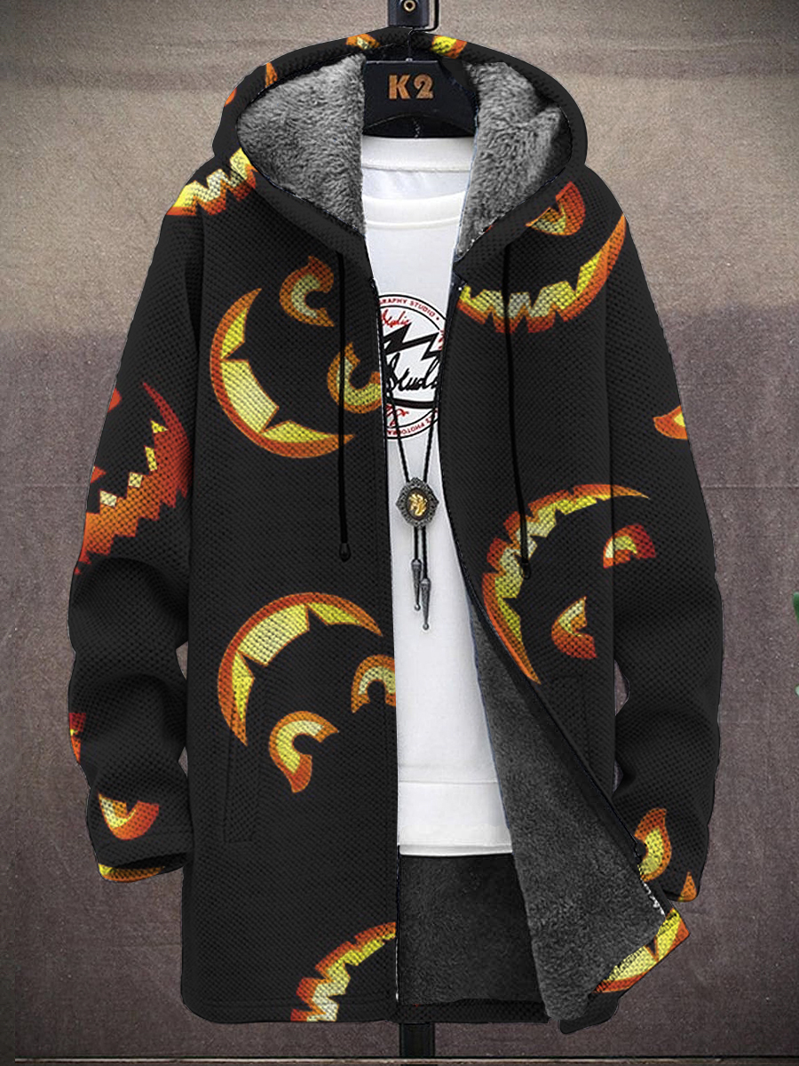 Men's Halloween Evil Smiley Print Hooded Two-Pocket Fleece Cardigan Jacket