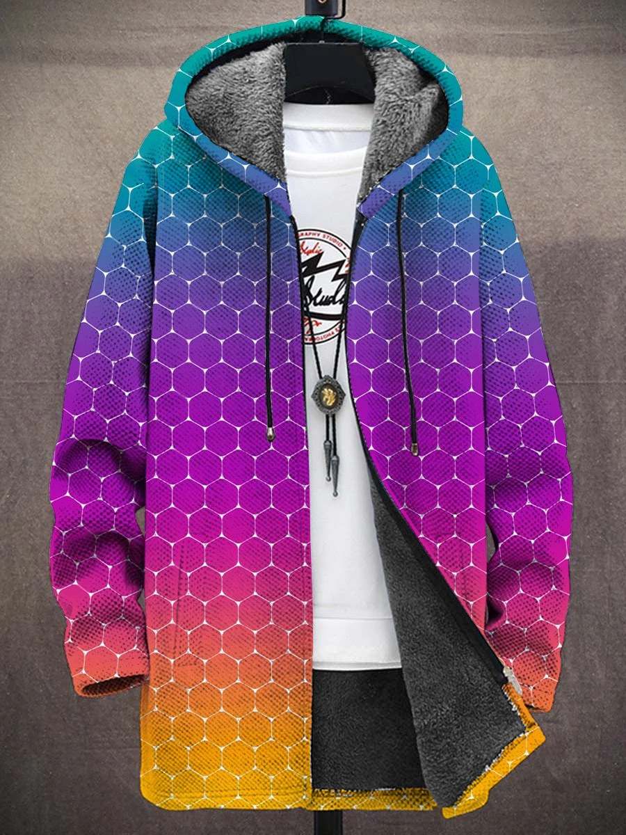 Men's Art Hexagonal Gradient Print Hooded Two-Pocket Fleece Cardigan Jacket