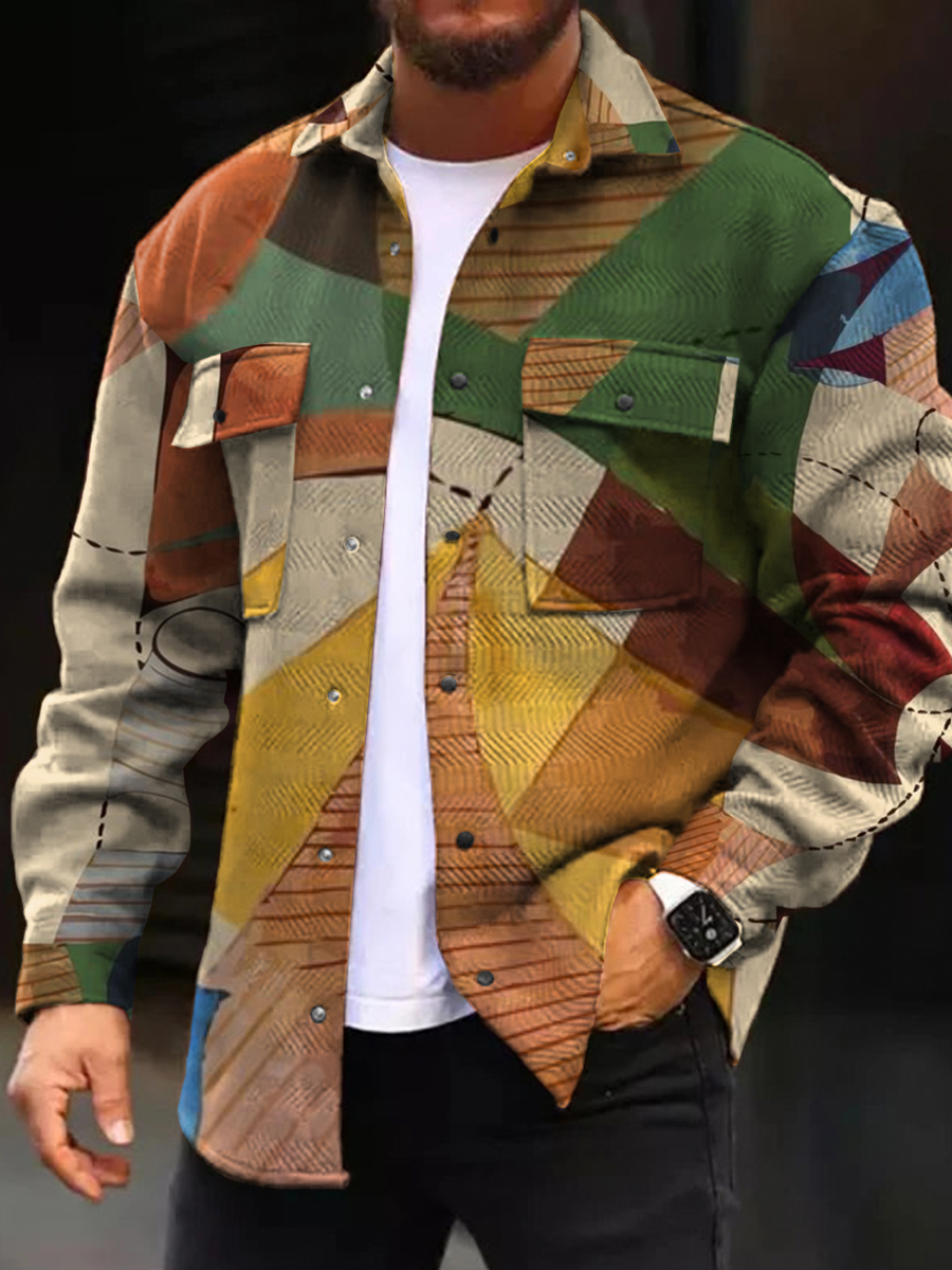 Men's Casual Jacket Geometric Colorblock Print Long Sleeve Pockets Shirt Jacket