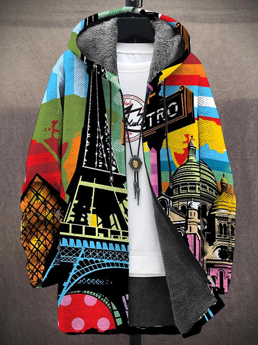 Men's Art La Tour Eiffel Painting Print Hooded Two-Pocket Fleece Cardigan Jacket