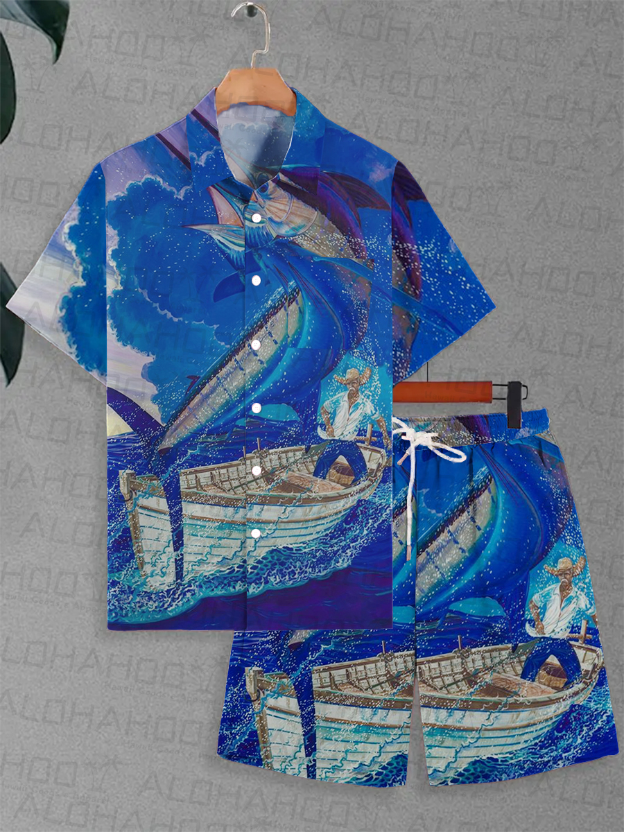 Men's Sets Hawaiian Ocean Swordfish Print Button Pocket Two-Piece Shirt Shorts Set
